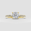 Cushion diamond hidden halo engagement ring with pave band in yellow gold