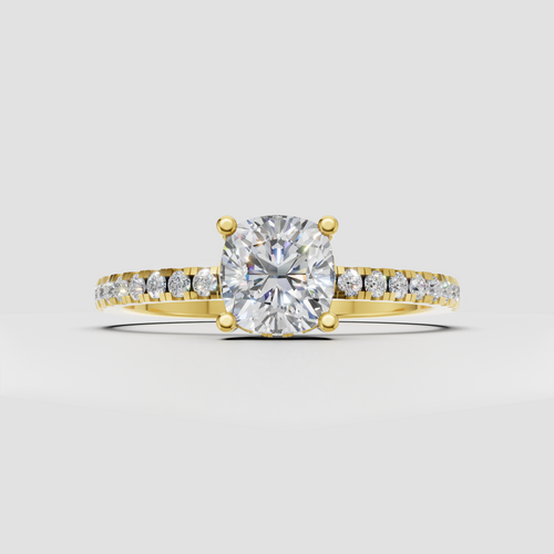Cushion diamond hidden halo engagement ring with pave band in yellow gold