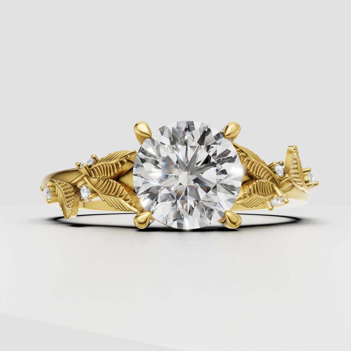 Round diamond nature inspired solitaire engagement ring with floral leaf details