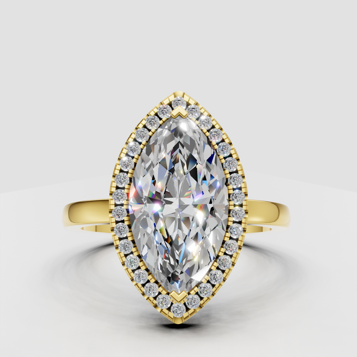 Marquise diamond halo engagement ring with round accent stones