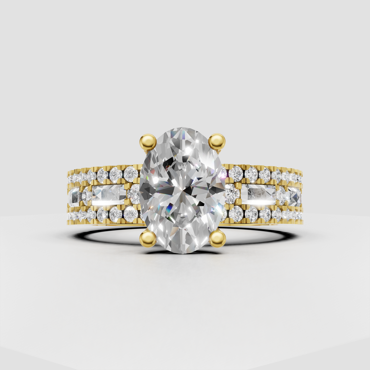 Oval diamond engagement ring with four-prong setting and three-row baguette and round stone band