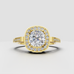 Cushion diamond halo engagement ring with pavé diamond accent band in yellow gold