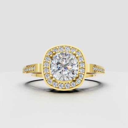 Cushion diamond halo engagement ring with pavé diamond accent band in yellow gold