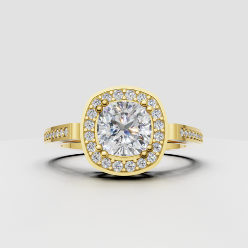 Cushion diamond halo engagement ring with pavé diamond accent band in yellow gold