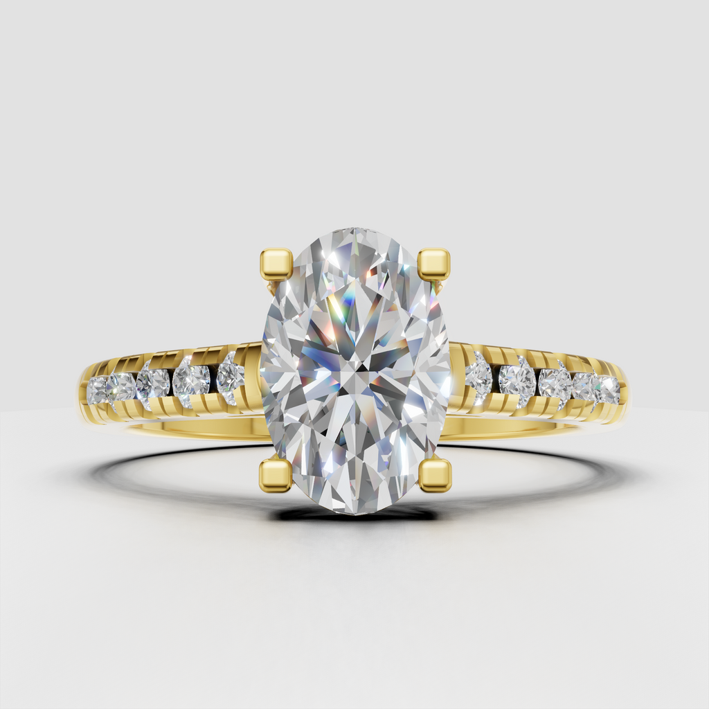 Oval diamond solitaire engagement ring with pavé band in yellow gold