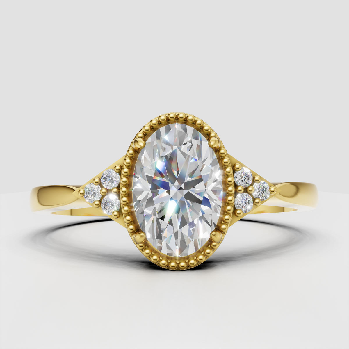 Oval diamond classic engagement ring with beaded halo