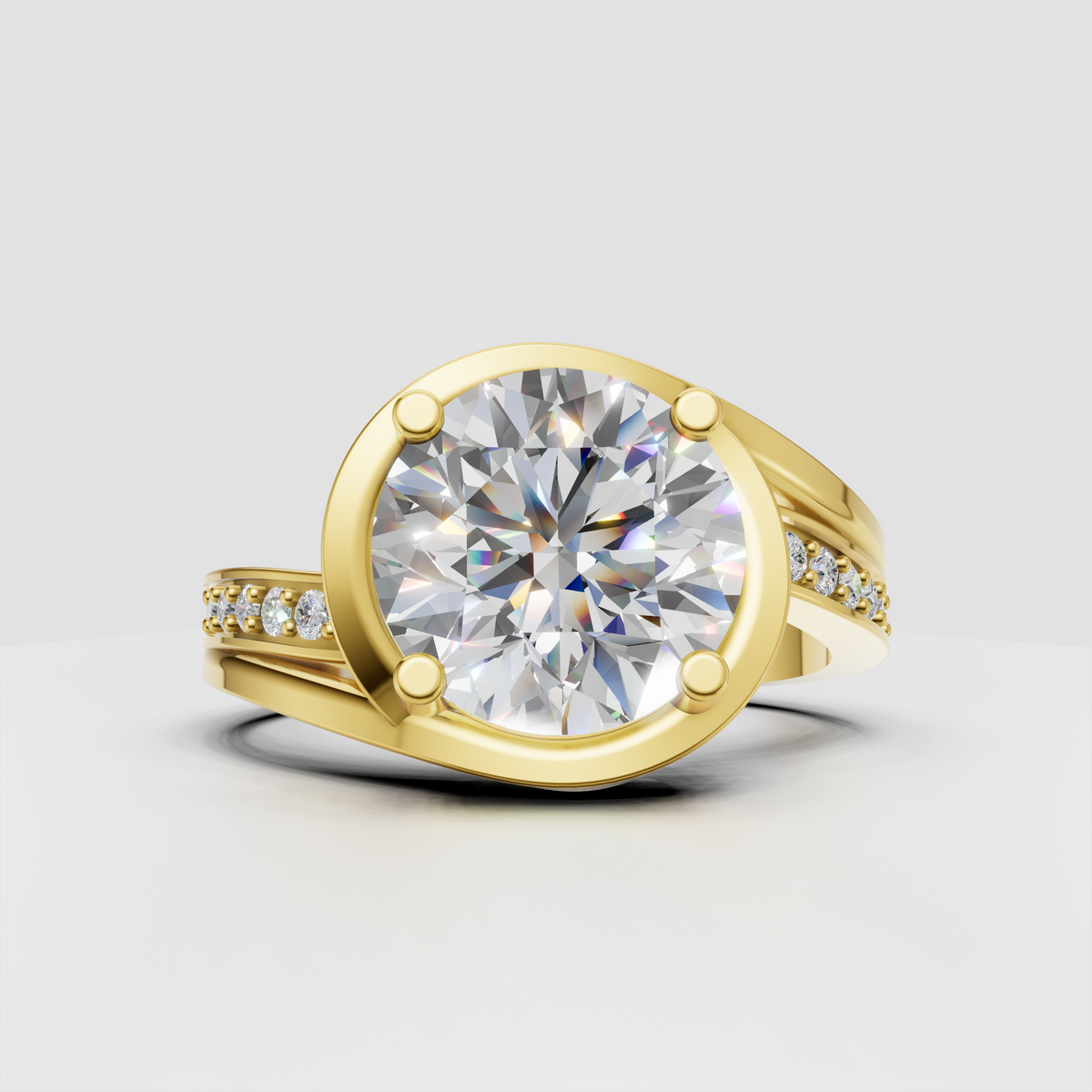 Round diamond engagement ring with four-prong setting and pave shoulders