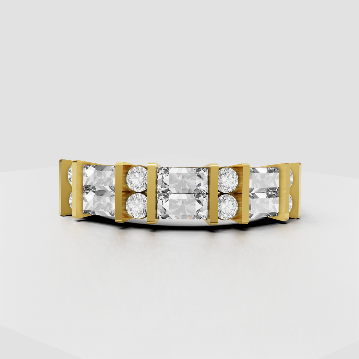 Baguette and round diamond channel setting geometric eternity wedding band