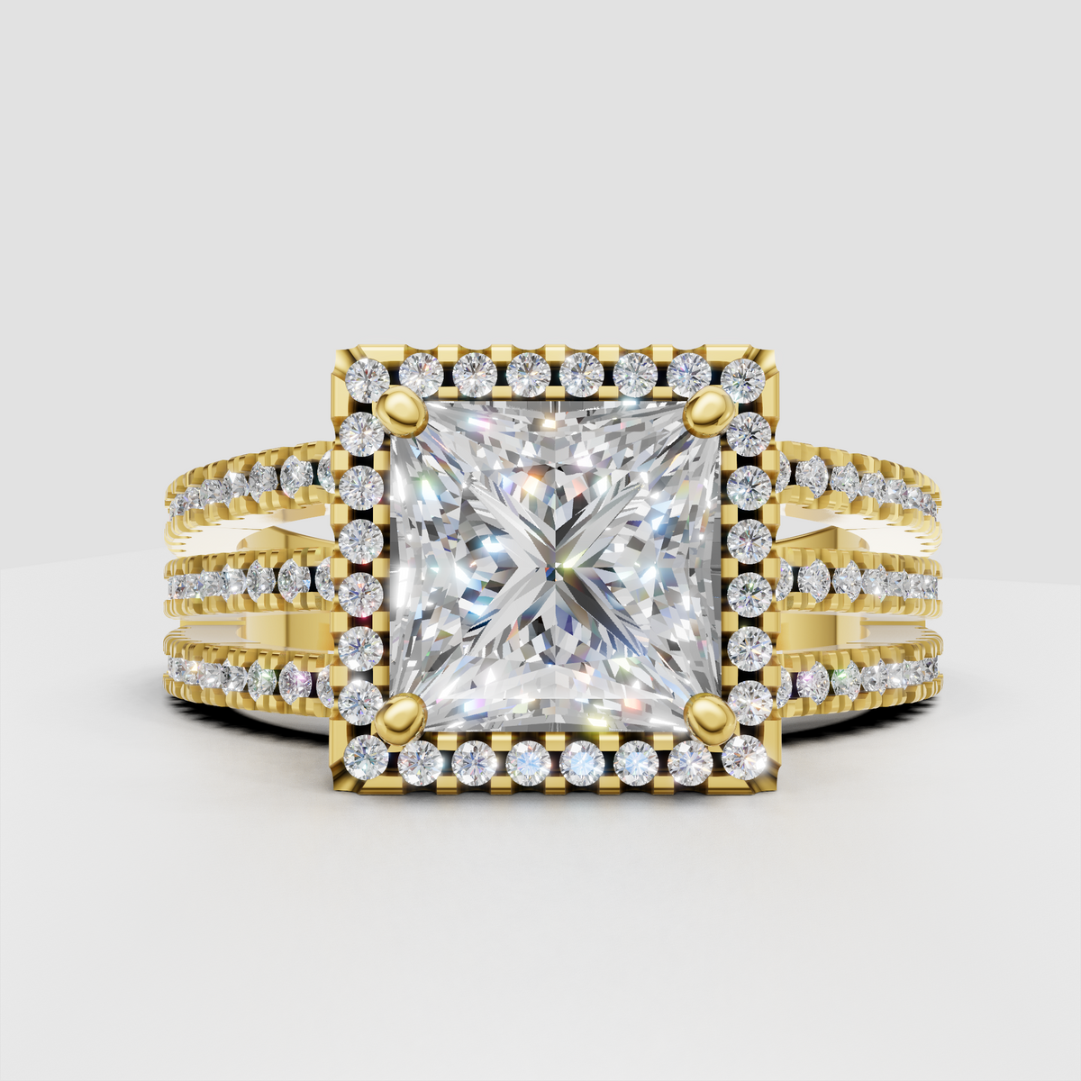 Princess diamond hidden halo engagement ring with pavé band
