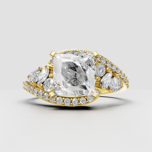 Princess diamond bypass engagement ring with marquise, round and pear diamond cluster