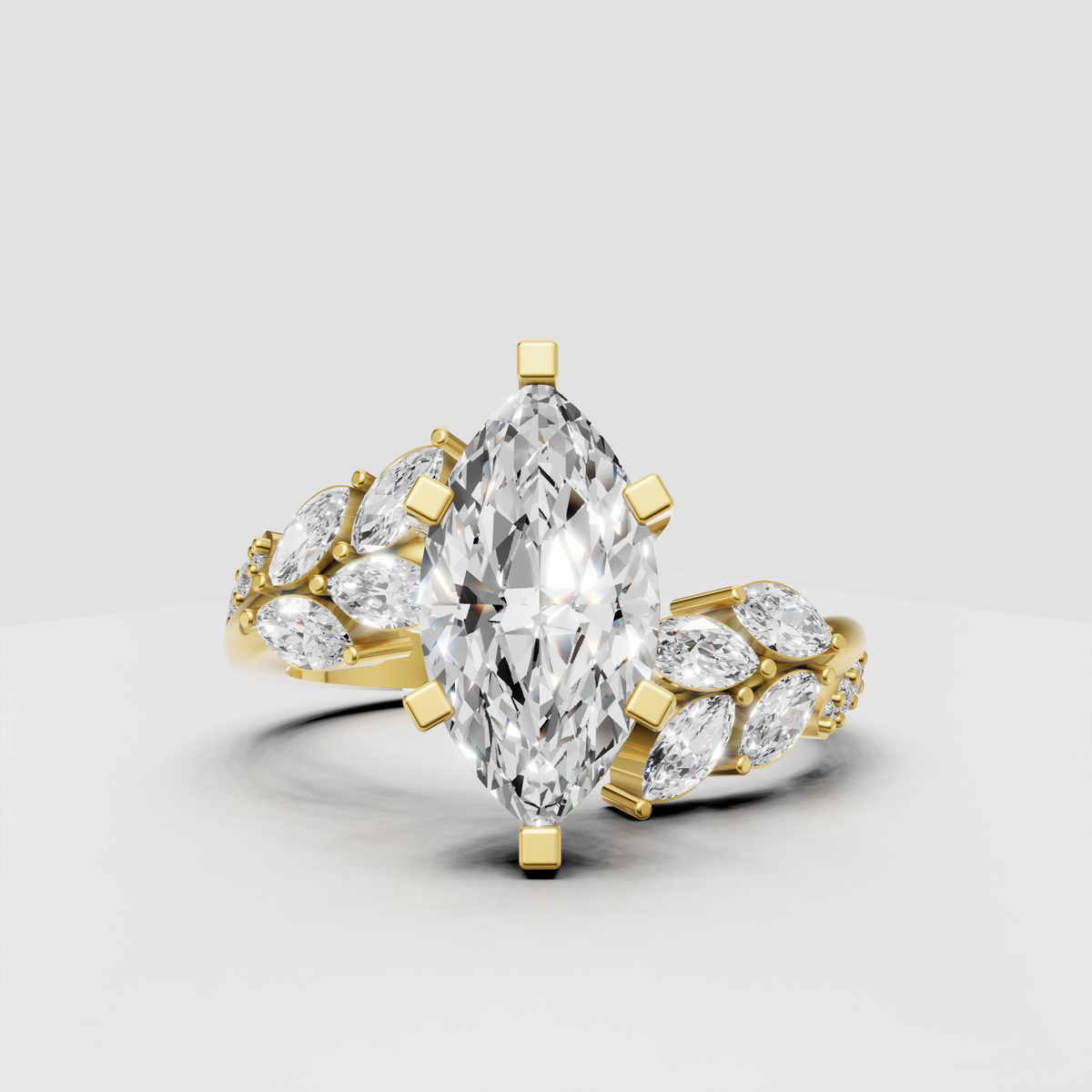 Marquise diamond floral split shank engagement ring in polished yellow gold