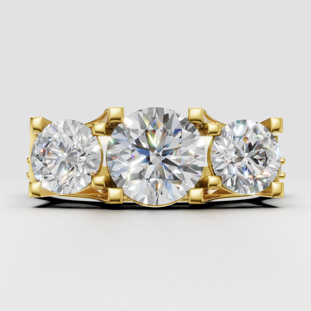 Round brilliant Diamond three-stone pavé trellis engagement ring in yellow gold
