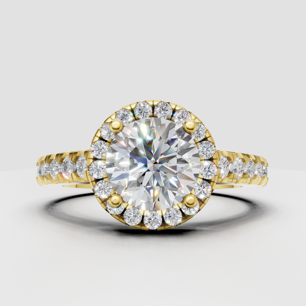 Round diamond four-prong halo pavé engagement ring in yellow gold