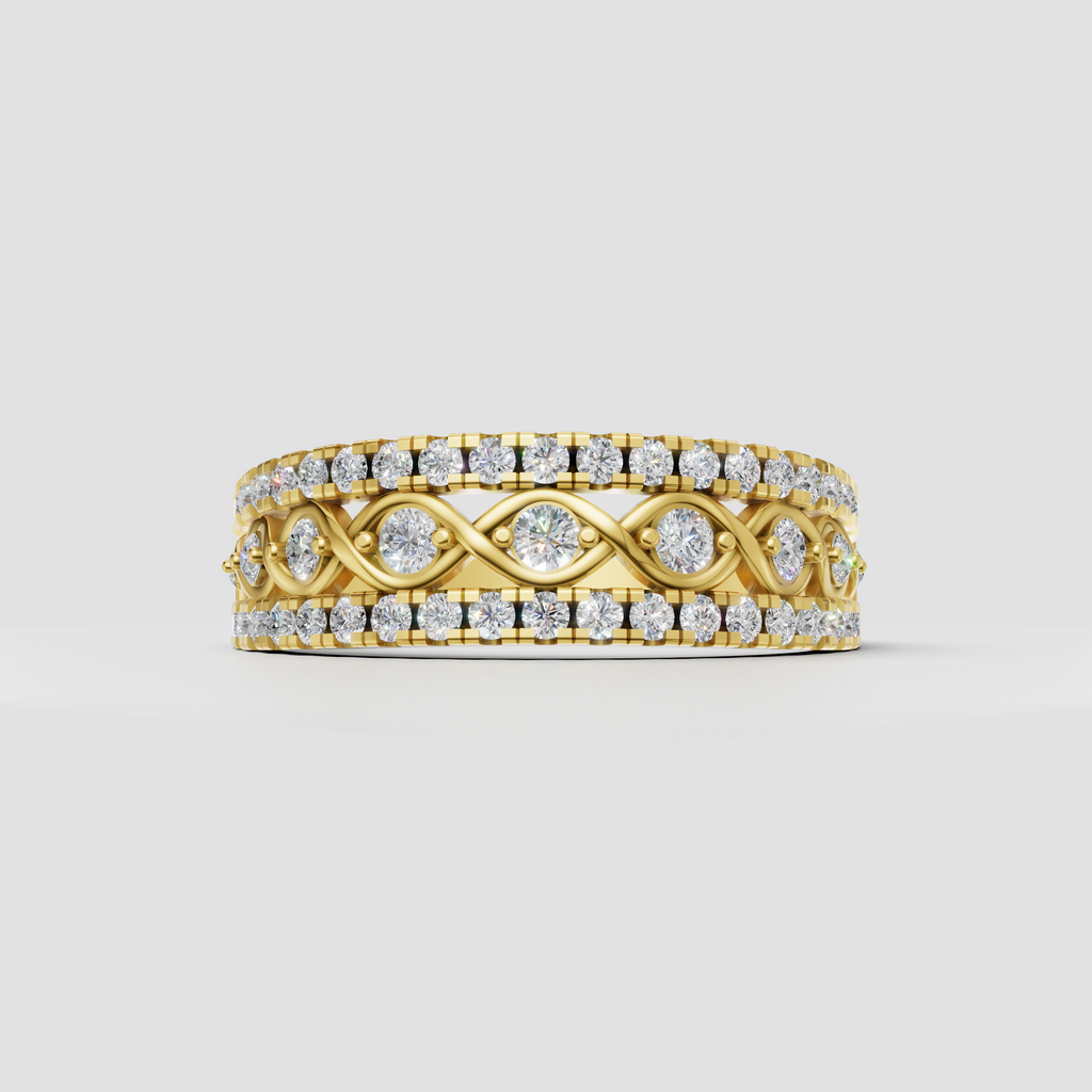 Yellow gold diamond band ring with double rows of round stones