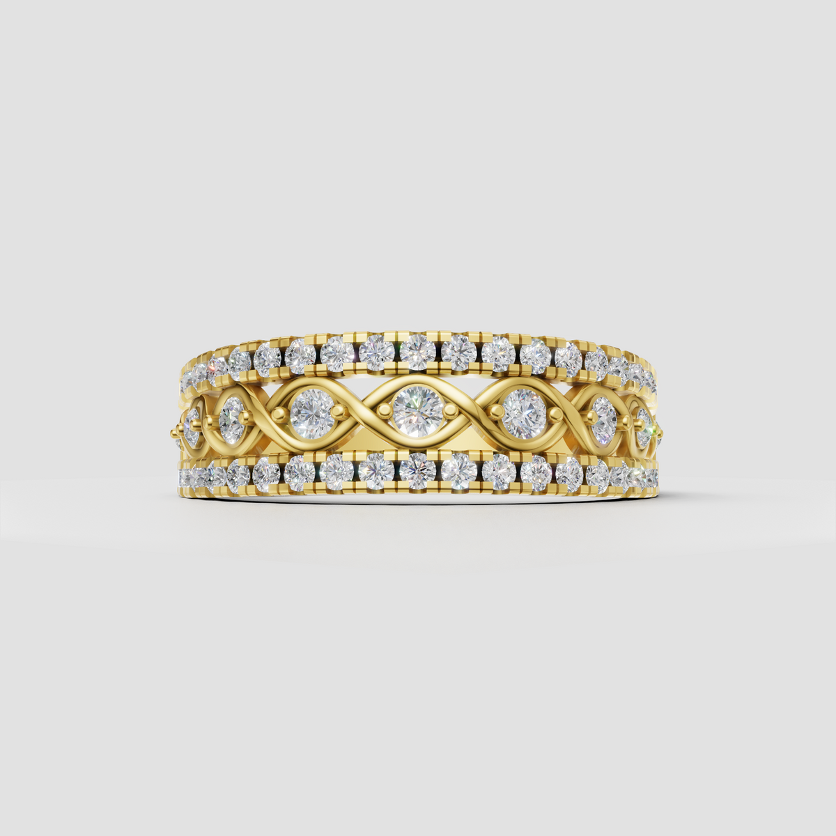 Yellow gold diamond band ring with double rows of round stones