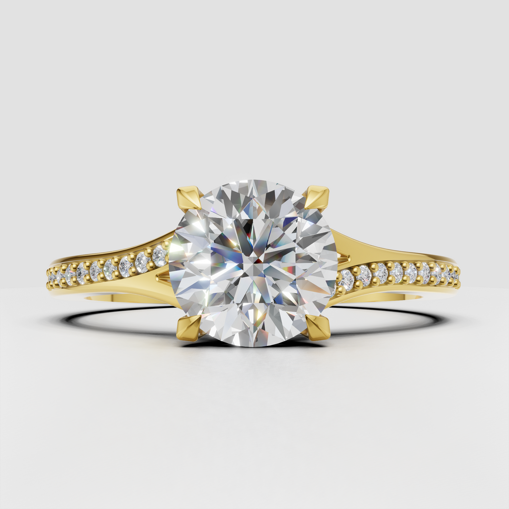Round diamond pavé engagement ring with polished yellow gold band