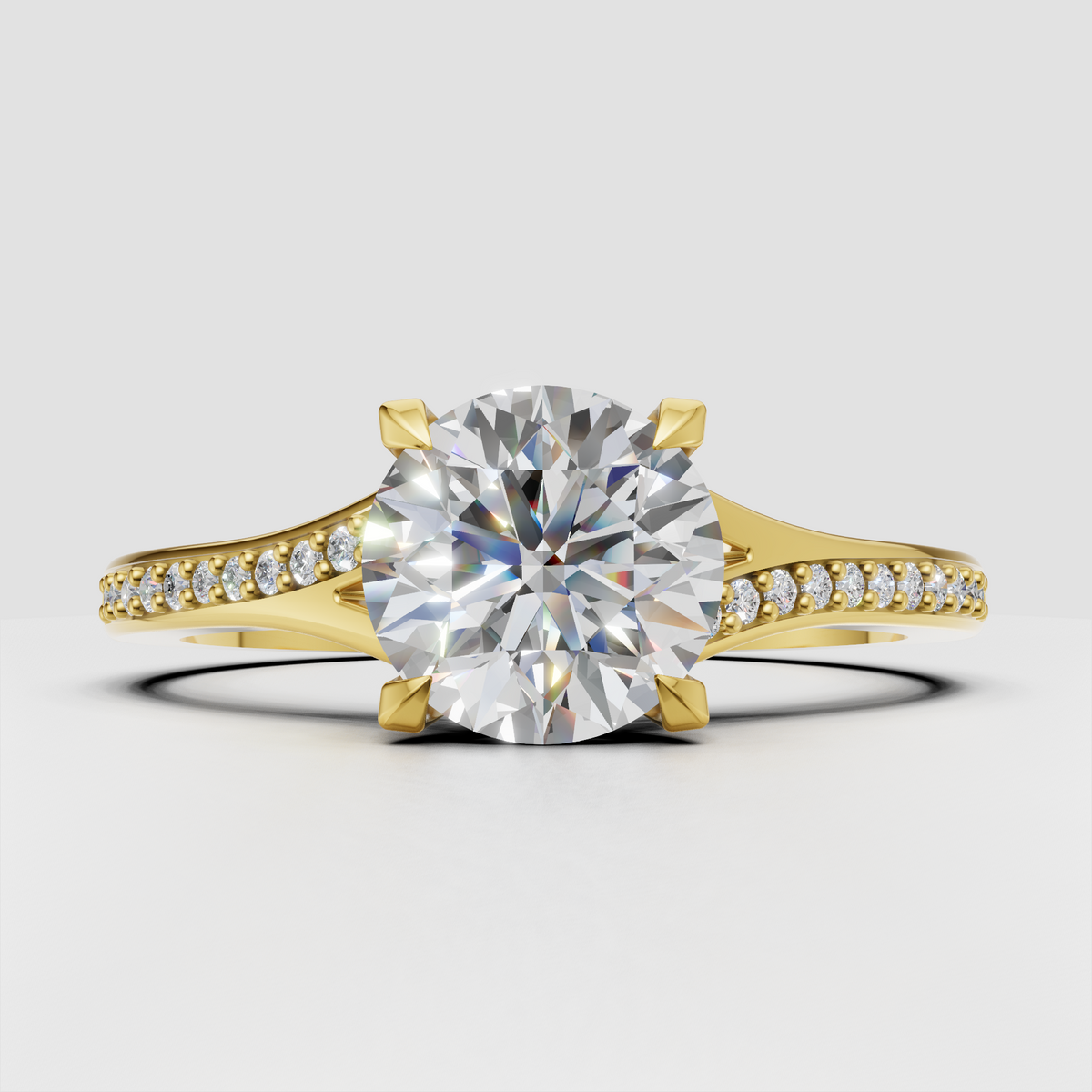 Round diamond pavé engagement ring with polished yellow gold band