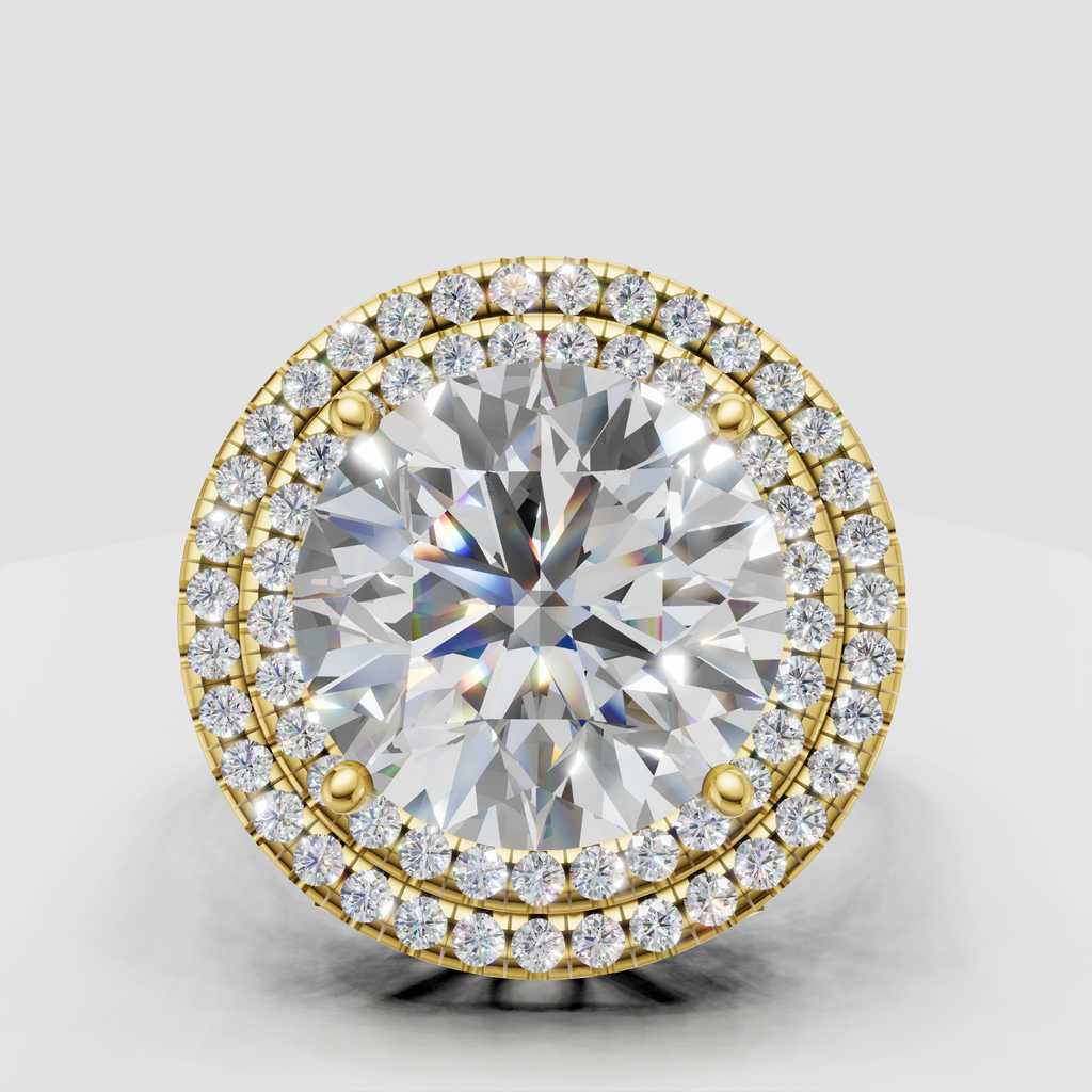 Round diamond double halo pave engagement ring in rose gold
