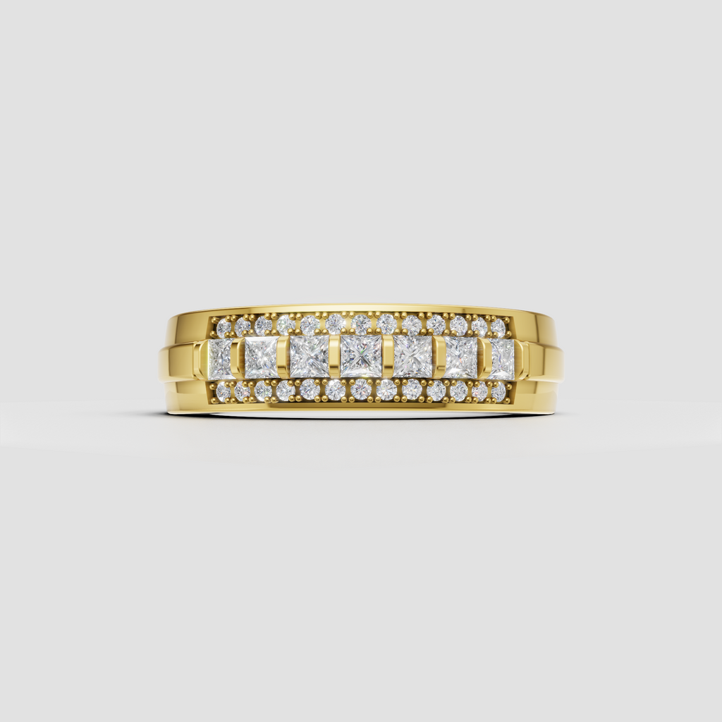 Princess cut diamond multi-row band ring with round diamond accents in yellow gold