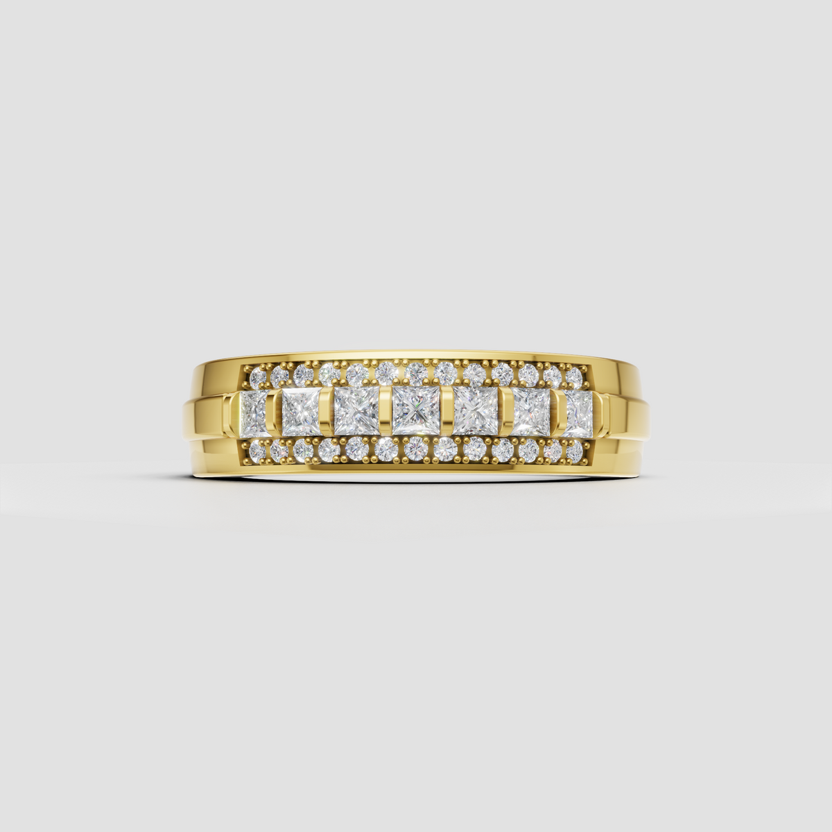Princess cut diamond multi-row band ring with round diamond accents in yellow gold