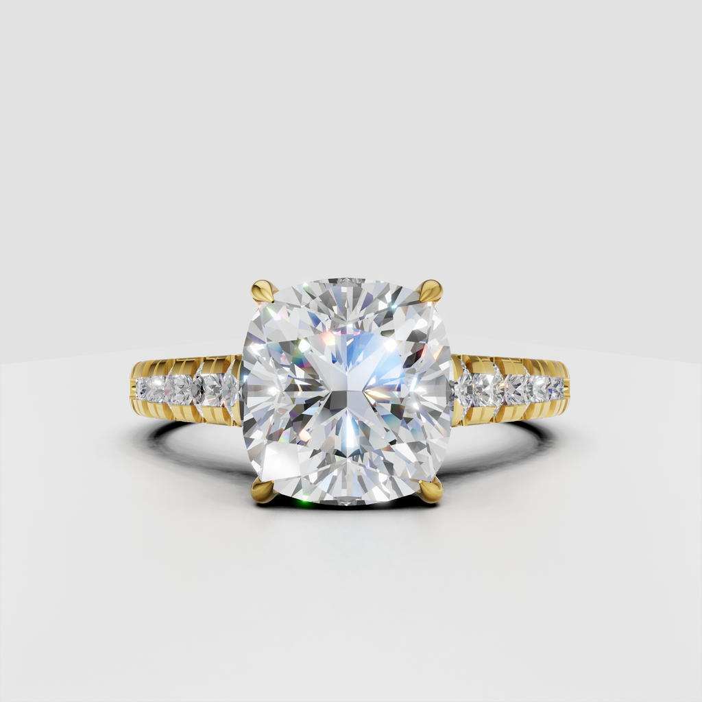 Cushion cut diamond vintage engagement ring in polished yellow gold