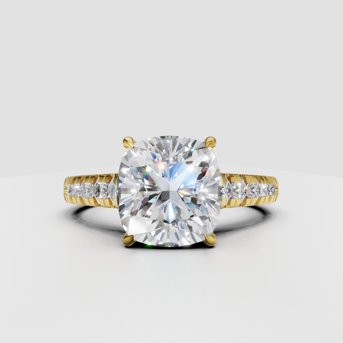 Cushion cut diamond vintage engagement ring in polished yellow gold