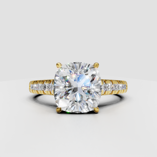 Cushion cut diamond vintage engagement ring in polished yellow gold