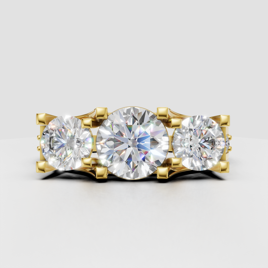 Round diamond three-stone cathedral pave engagement ring in polished silver