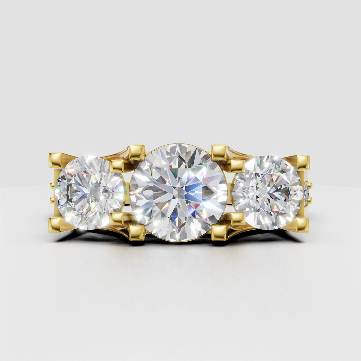 Round diamond three-stone cathedral pave engagement ring in polished silver
