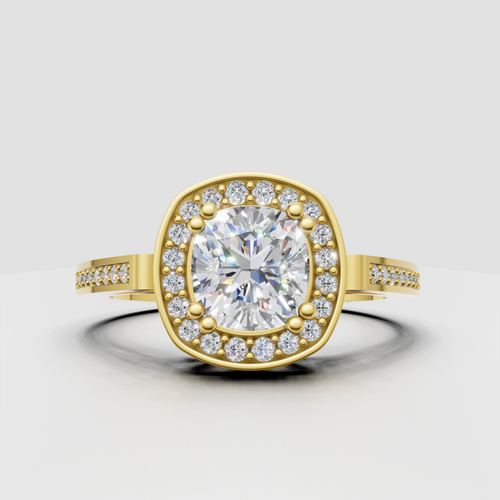 Cushion cut diamond halo engagement ring with polished yellow gold band