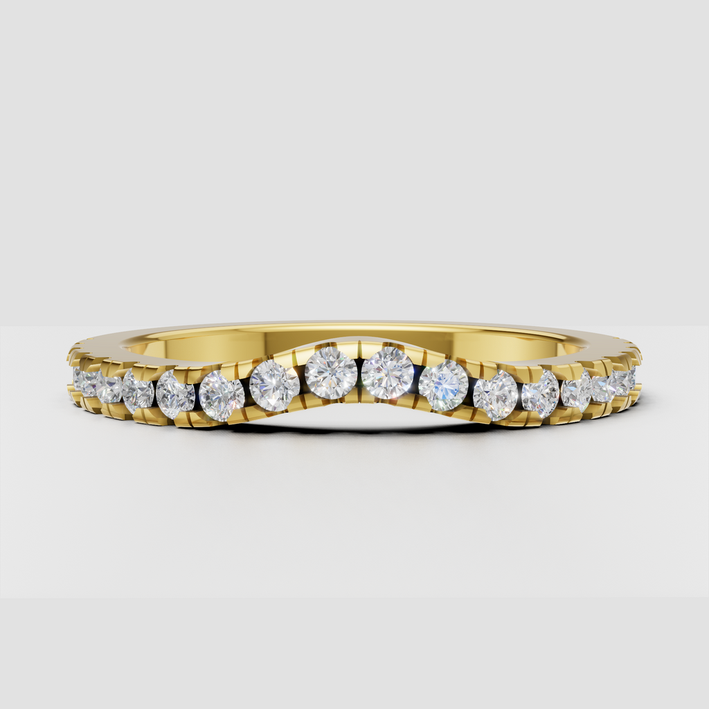 Round diamond pavé eternity wedding band in polished yellow gold