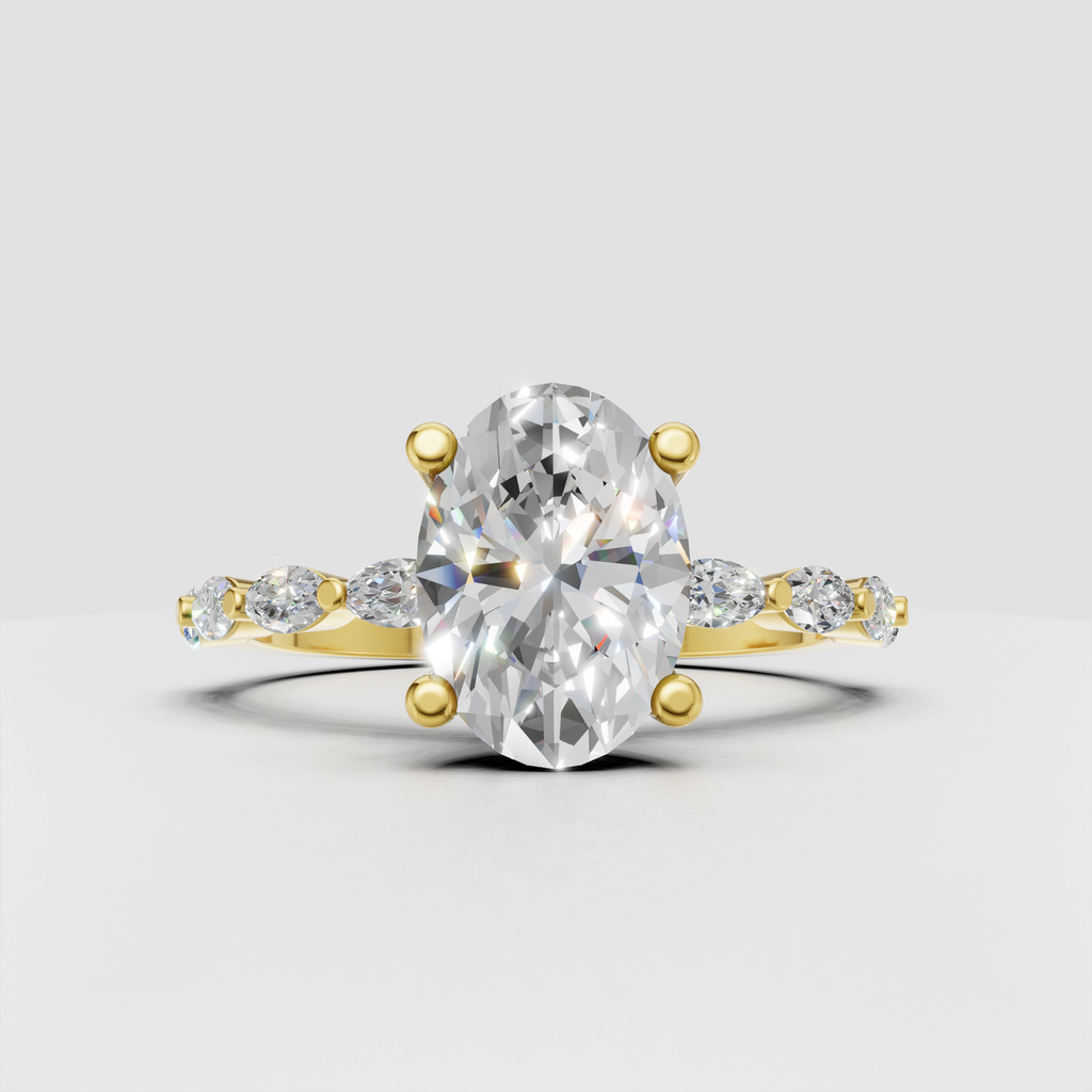 Oval diamond cathedral engagement ring with marquise diamond accents in yellow gold