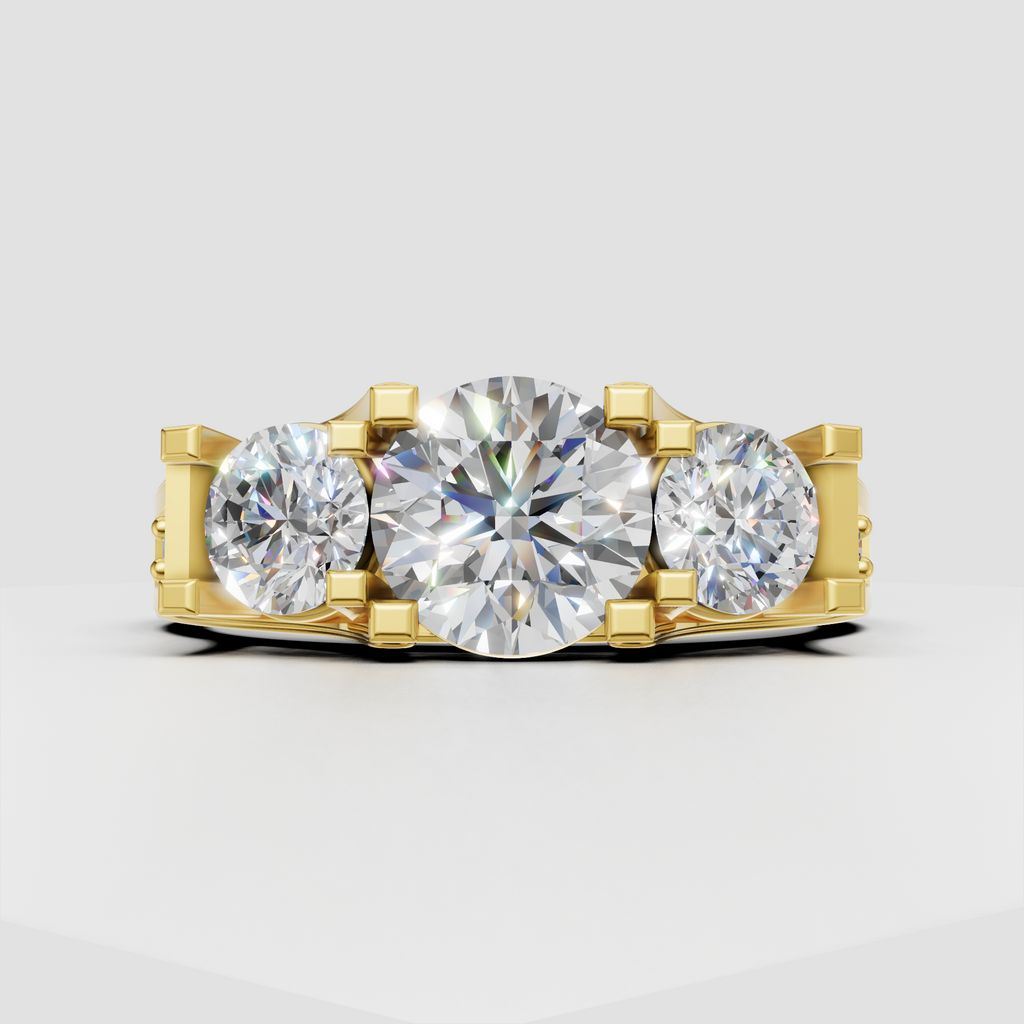 Round diamond three stone ring in polished 14K yellow gold