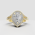 Pear-shaped Diamond double halo engagement ring in polished yellow gold with pavé band