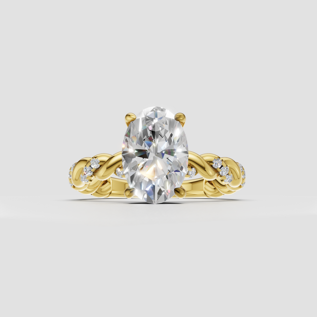 Oval diamond twisted engagement ring with prong setting and sparkling side stones