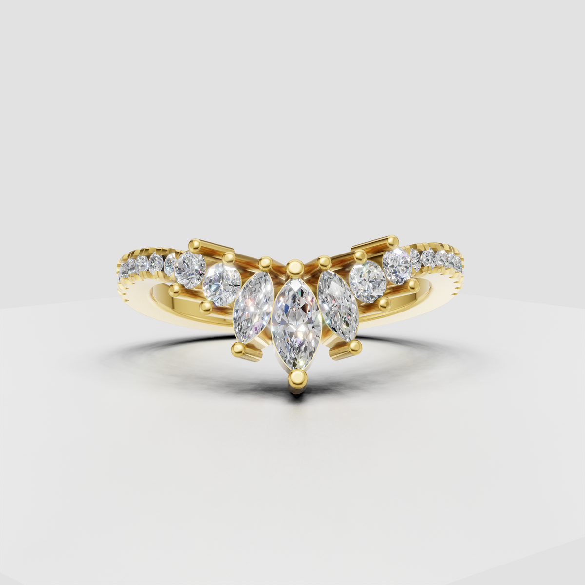 Marquise and round diamond curved wedding band in yellow gold