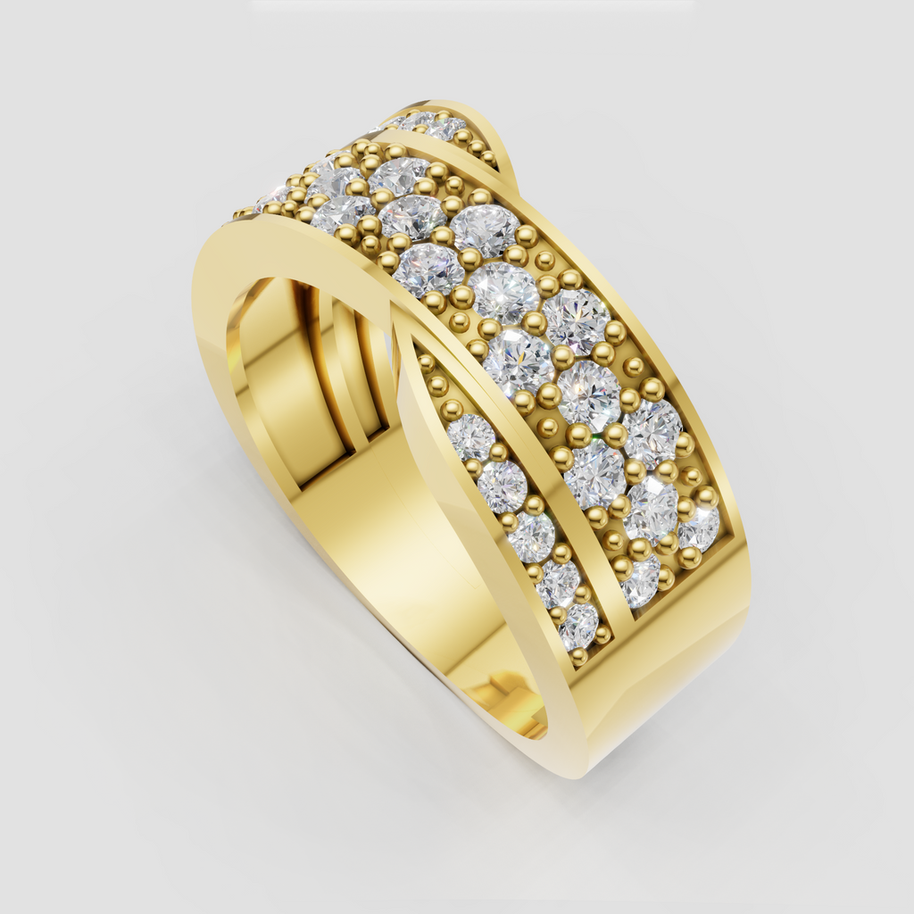 Wide round diamond crossover band with beaded detailing