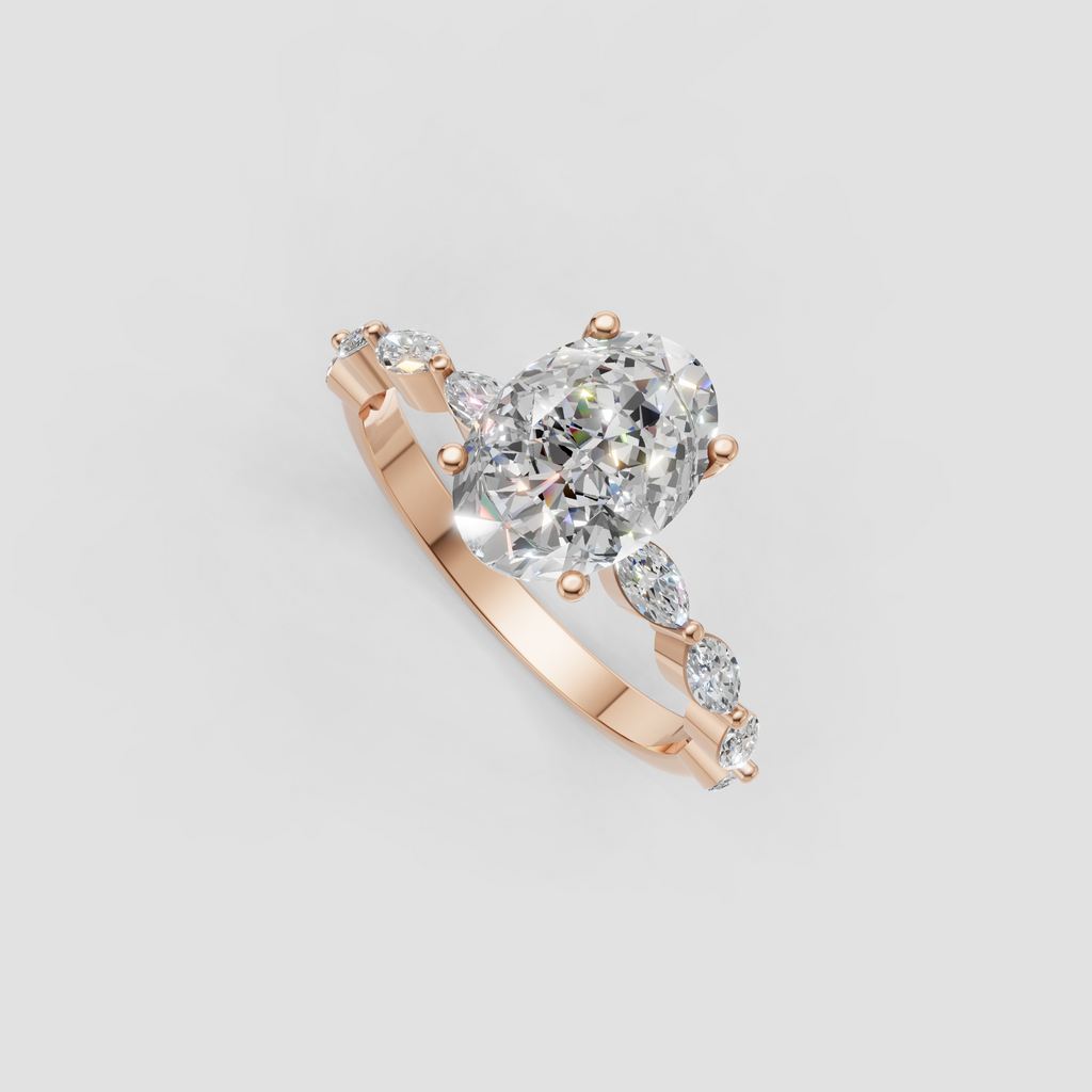 Oval cut engagement ring with marquise and round shoulder diamonds
