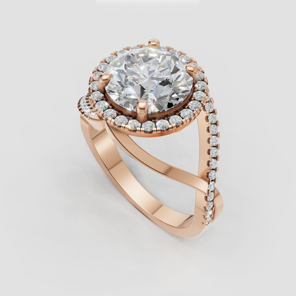 Diamond halo ring with pavé shoulders