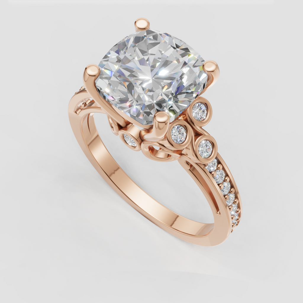 Cushion diamond prong ring with elegant scrollwork shoulders
