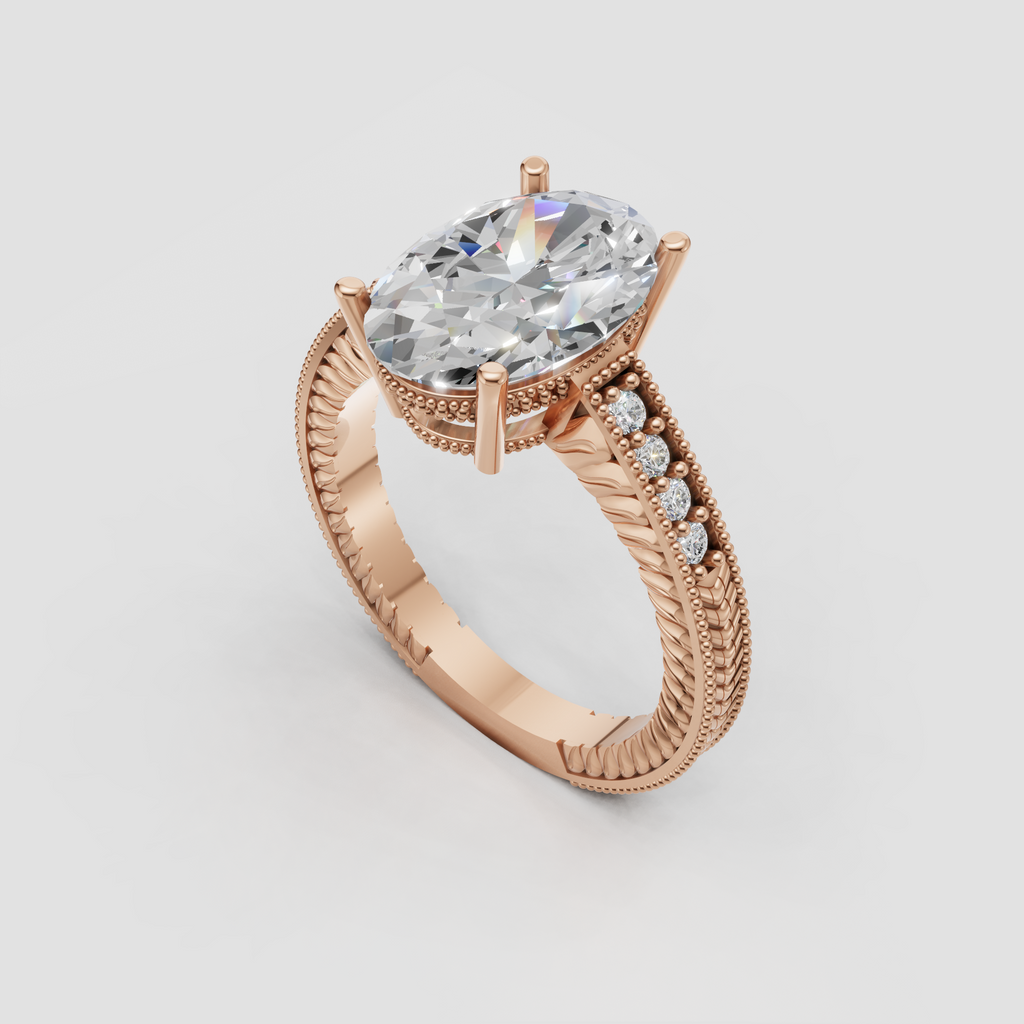 Oval diamond solitaire with decorative pavé accent band