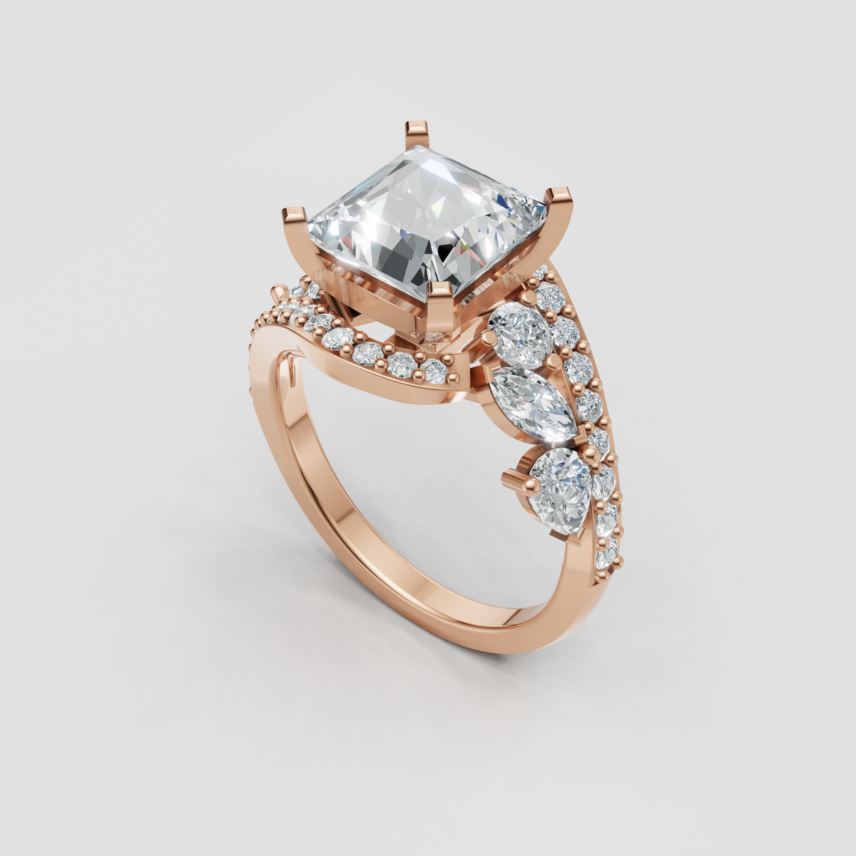 Princess diamond halo engagement ring with decorative beaded accents