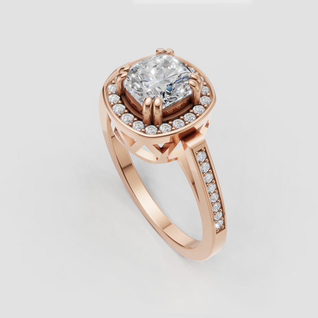 Cushion cut engagement ring with sparkling halo