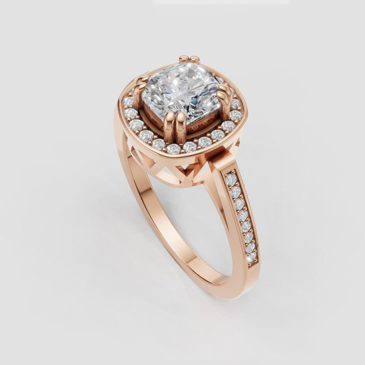 Cushion cut engagement ring with sparkling halo