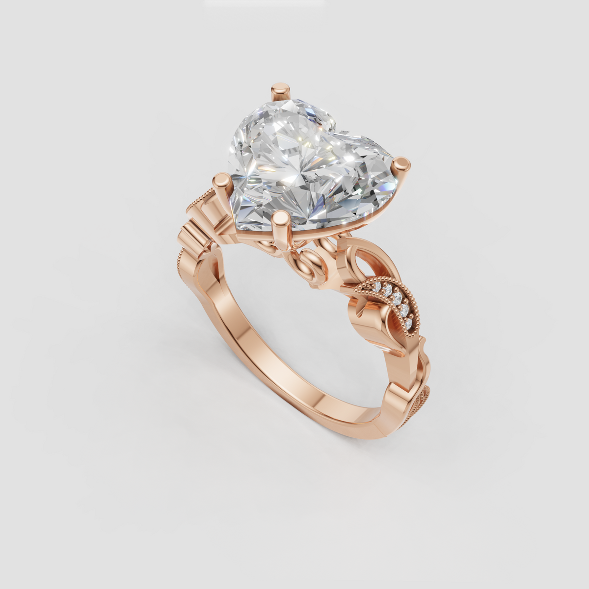 Heart shaped center stone engagement ring with decorative side stones