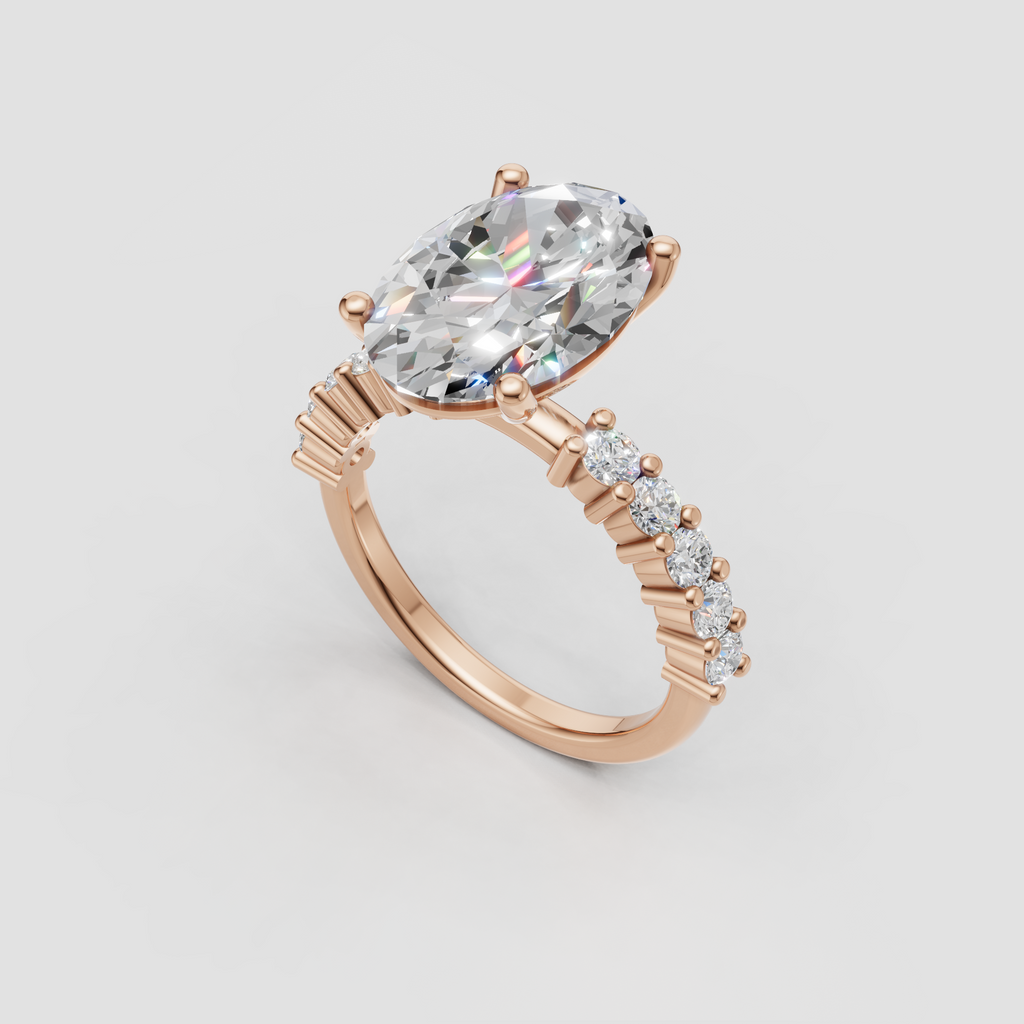 Oval cut engagement ring with sparkling baguette accented shoulders