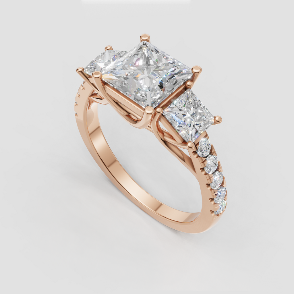 Three stone diamond ring featuring princess cut canter stone
