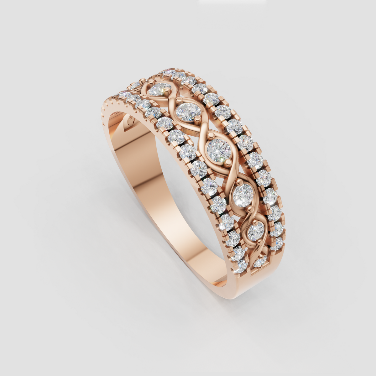 Luxury diamond wedding band with intricate crossover gold detailing