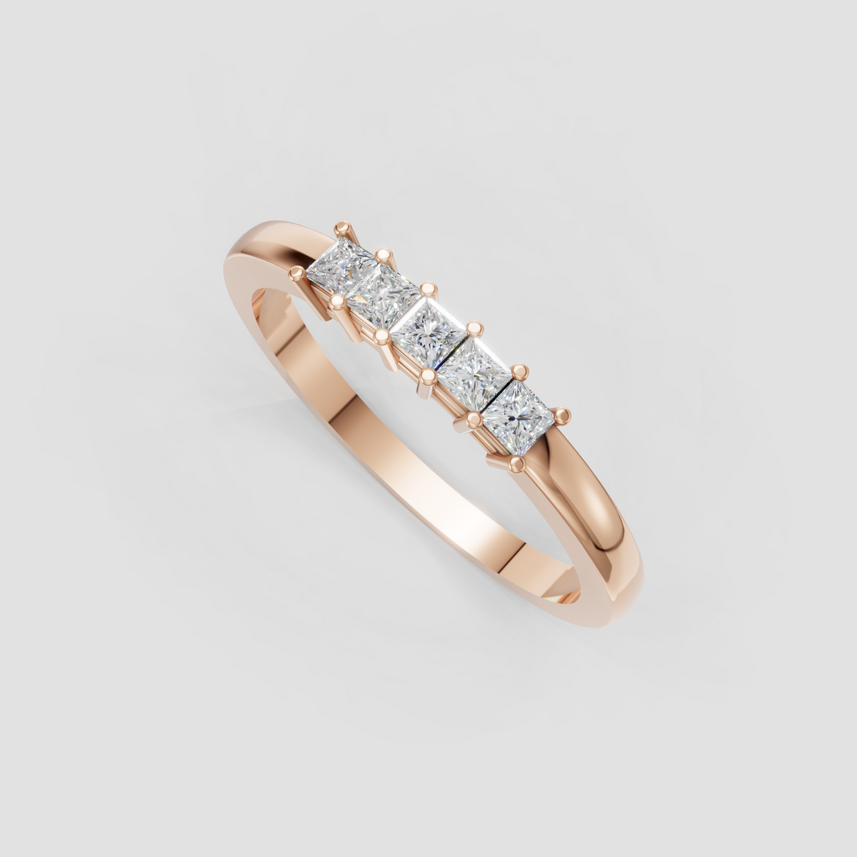 Five-stone engagement ring with princess cut diamonds and sleek shared-prong setting