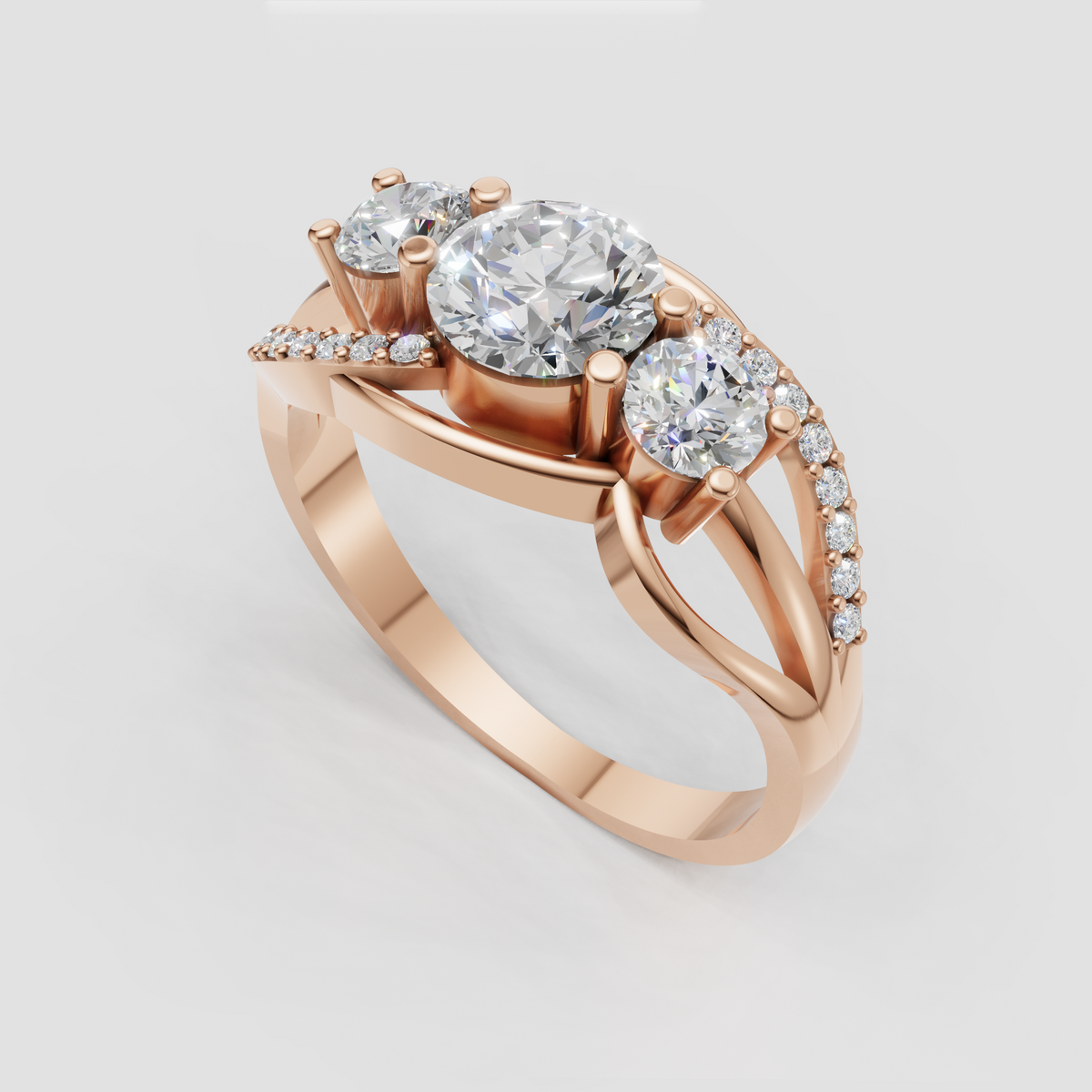 Round diamond three stone ring with sculptural curved band